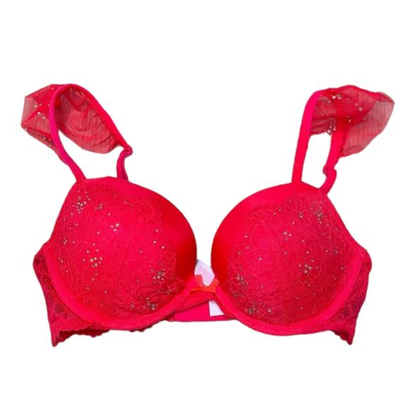 New Victoria's Secret Dream Angels Red Lace Embellished Sequin Push Up Bra 32DD - Picture 3 of 7